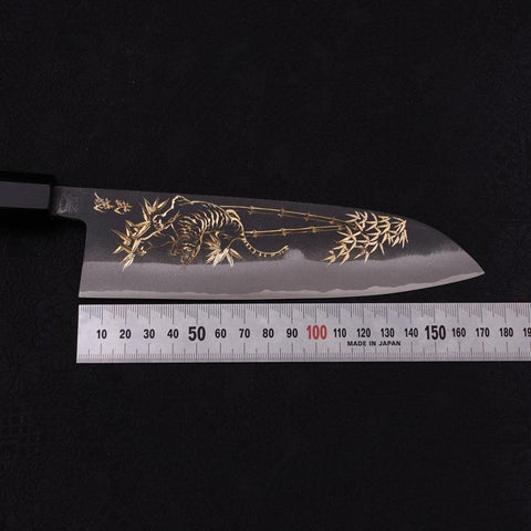 Santoku White Steel #2 Kurouchi Chokin Tiger-Bamboo Buffalo Ebony Handle 170mm (6.7”)-[Musashi]-[Japanese-Kitchen-Knives]