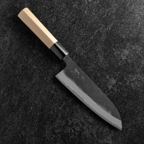 Santoku White Steel #2 Kurouchi Damascus Kurigata Buffalo Magnolia Handle 170mm (6.7”)-[Musashi]-[Japanese-Kitchen-Knives]