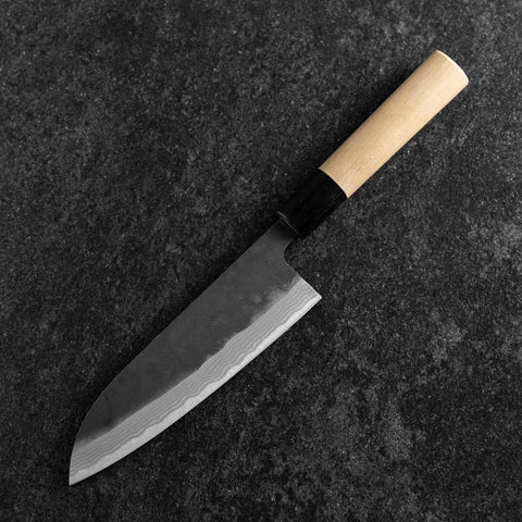 Santoku White Steel #2 Kurouchi Damascus Kurigata Buffalo Magnolia Handle 170mm-[Musashi]-[Japanese-Kitchen-Knives]