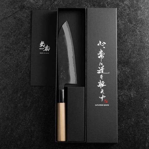 Santoku White Steel #2 Kurouchi Damascus Kurigata Buffalo Magnolia Handle 170mm-[Musashi]-[Japanese-Kitchen-Knives]