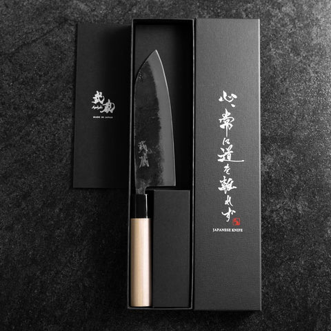 Santoku White Steel #2 Kurouchi Magnolia Round Handle 165mm (6.5”)-[Musashi]-[Japanese-Kitchen-Knives]