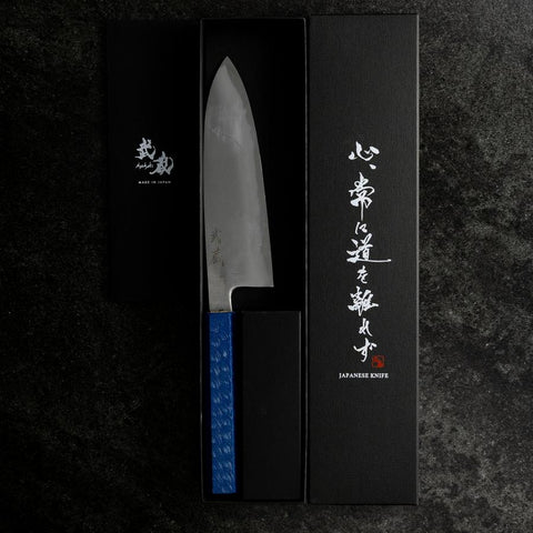 Santoku White Steel #2 Polished Blue Urushi Handle 165mm (6.5”)-[Musashi]-[Japanese-Kitchen-Knives]