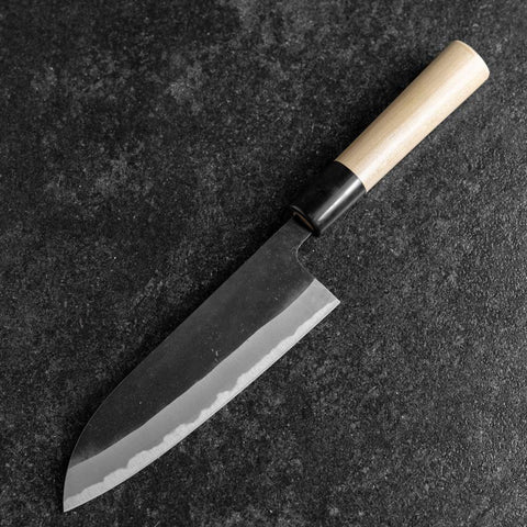 Santoku White Steel #2 Stainless Clad Kurouchi Buffalo Magnolia Handle (Kurigata) 170mm-[Musashi]-[Japanese-Kitchen-Knives]