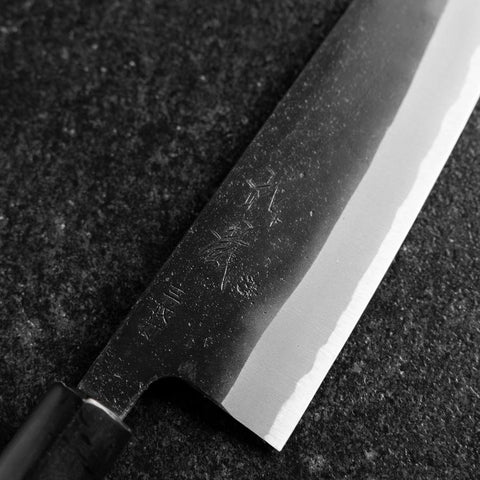 Santoku White Steel #2 Stainless Clad Kurouchi Buffalo Magnolia Handle (Kurigata) 170mm-[Musashi]-[Japanese-Kitchen-Knives]