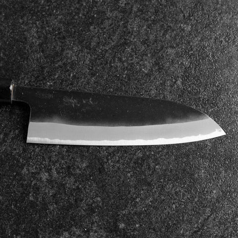 Santoku White Steel #2 Stainless Clad Kurouchi Buffalo Magnolia Handle (Kurigata) 170mm-[Musashi]-[Japanese-Kitchen-Knives]