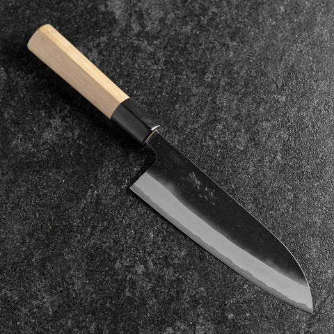 Santoku White Steel #2 Stainless Clad Kurouchi Buffalo Magnolia Handle (Kurigata) 170mm-[Musashi]-[Japanese-Kitchen-Knives]