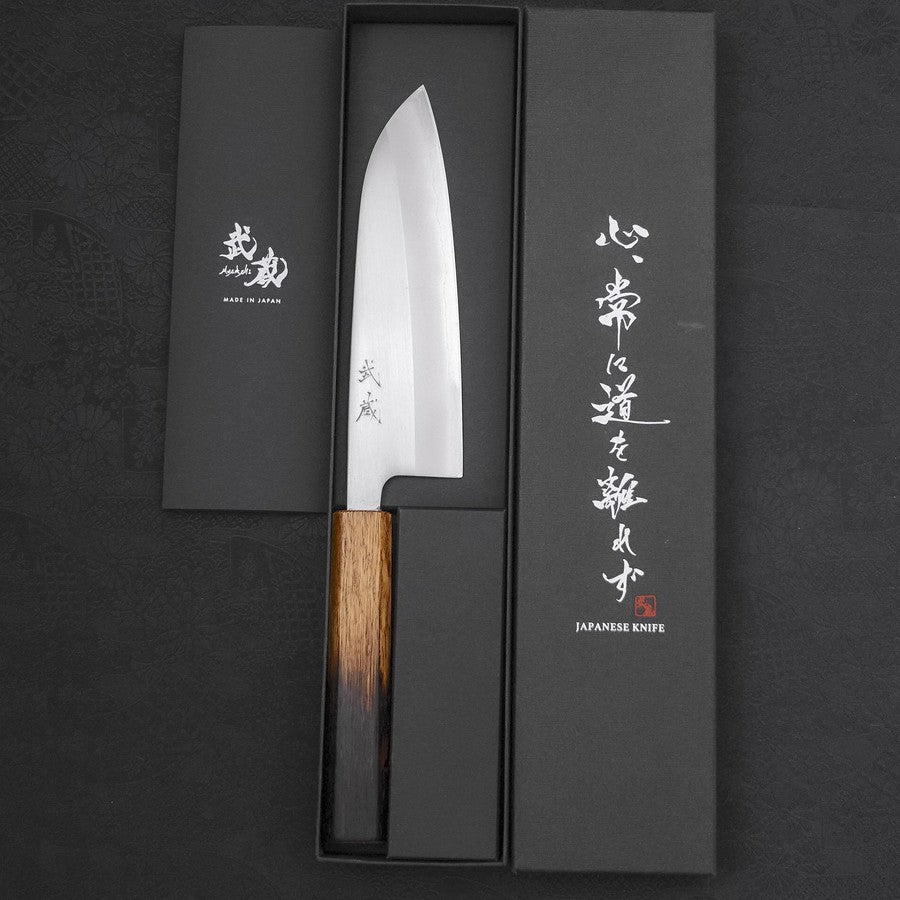 Santoku White Steel #1 Polished Yaki Urushi Handle 165mm-[Musashi]-[Japanese-Kitchen-Knives]