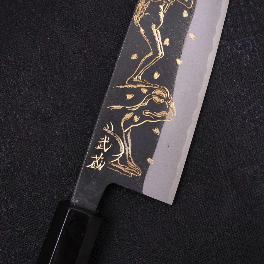 Santoku White steel #2 Kurouchi Chokin Kappa Frog Buffalo Ebony Handle 170mm-White steel #2-Kurouchi-Japanese Handle-[Musashi]-[Japanese-Kitchen-Knives]
