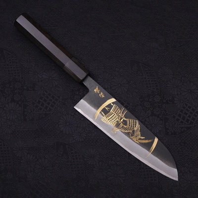 Santoku White steel #2 Kurouchi Chokin Samurai New Moon Buffalo Ebony Handle 170mm-White steel #2-Kurouchi-Japanese Handle-[Musashi]-[Japanese-Kitchen-Knives]