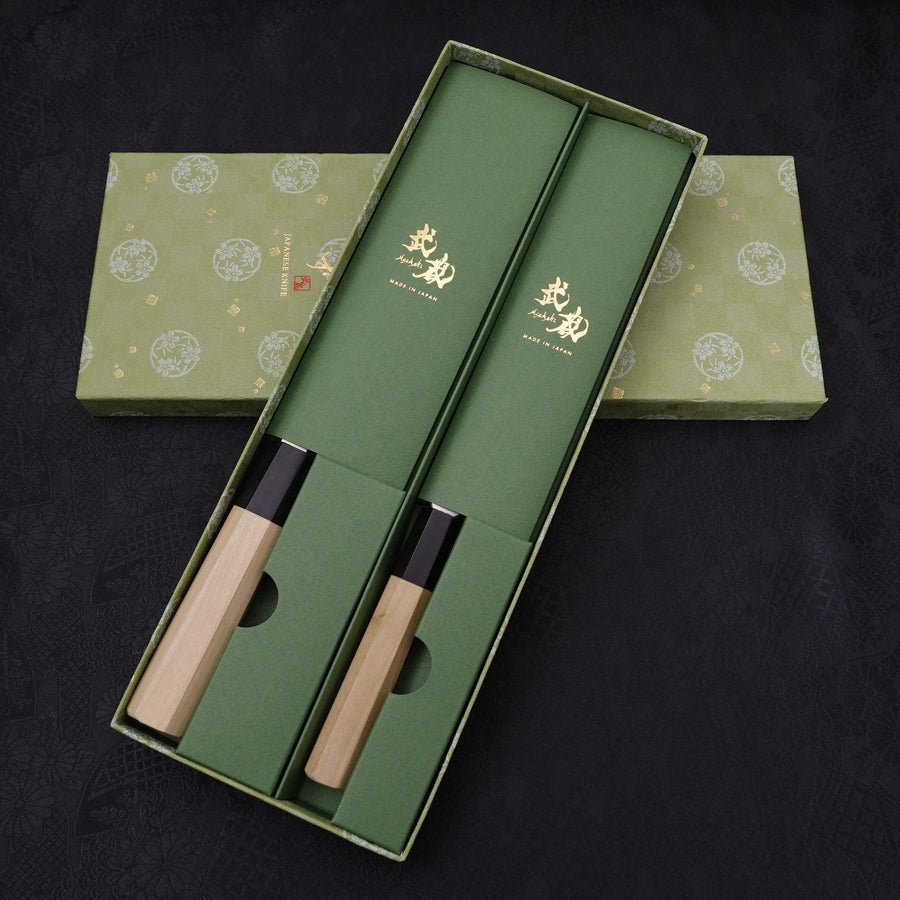 Sliver steel #3 Deba/Yanagiba Set Traditional Washi Gift Wrapping-Green-Silver steel #3-Polished-Japanese Handle-[Musashi]-[Japanese-Kitchen-Knives]