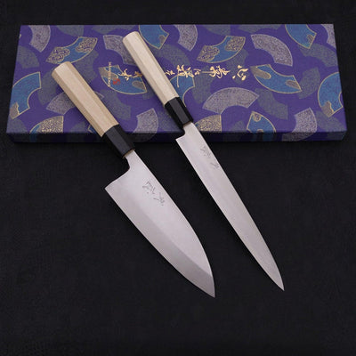 Sliver steel #3 Yanagiba/Deba Set Traditional Washi Gift Wrapping-Blue-Polished-Japanese Handle-[Musashi]-[Japanese-Kitchen-Knives]