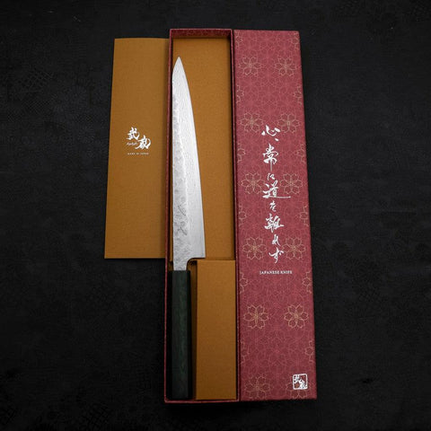 Sujihiki 440C Nashiji Damascus Green Urushi Handle 240mm-[Musashi]-[Japanese-Kitchen-Knives]