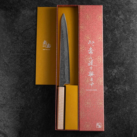 Sujihiki 440C Nashiji Damascus Mirror White Urushi Handle 240mm (9.4”)-[Musashi]-[Japanese-Kitchen-Knives]