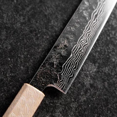 Sujihiki 440C Nashiji Damascus Mirror White Urushi Handle 240mm-[Musashi]-[Japanese-Kitchen-Knives]