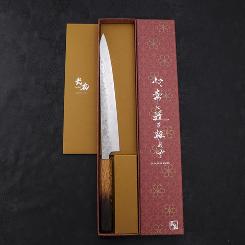 Sujihiki AUS-10 Nashiji Damascus Yaki Urushi Handle 240mm (9.4”)-[Musashi]-[Japanese-Kitchen-Knives]