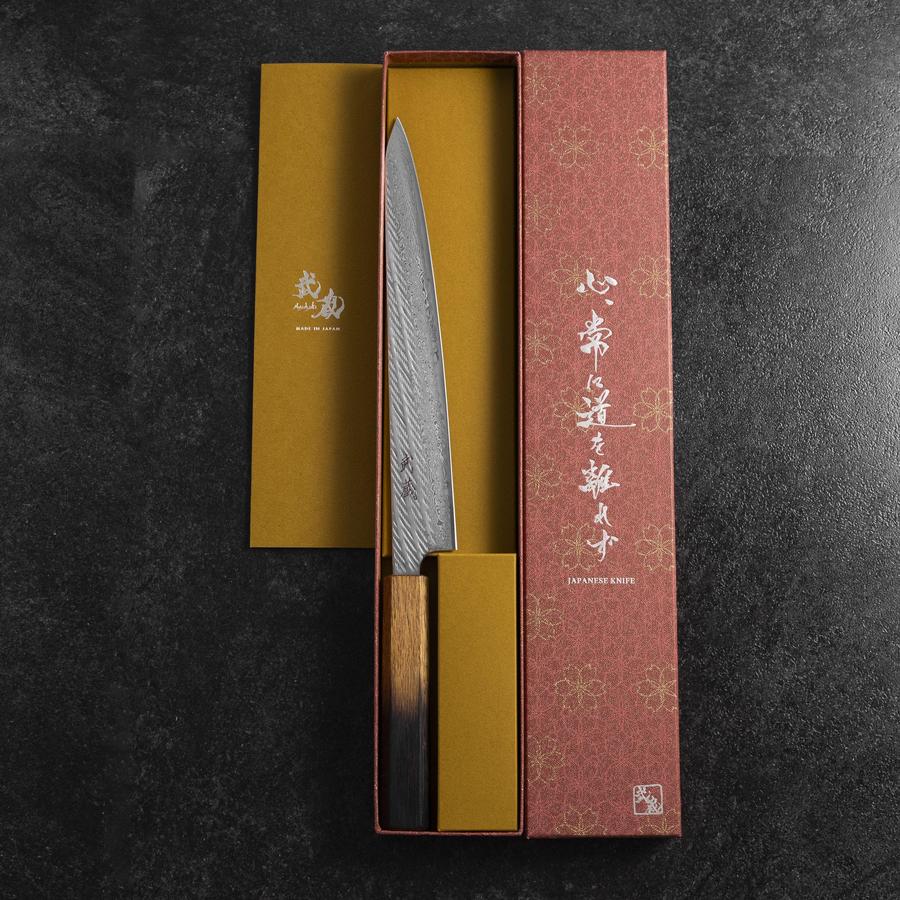 Sujihiki AUS-10 Nawame Damascus Yaki Urushi Handle 240mm-[Musashi]-[Japanese-Kitchen-Knives]