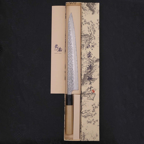 Sujihiki AUS-10 Tsuchime Damascus Buffalo Magnolia Handle 270mm (10.6”)-[Musashi]-[Japanese-Kitchen-Knives]