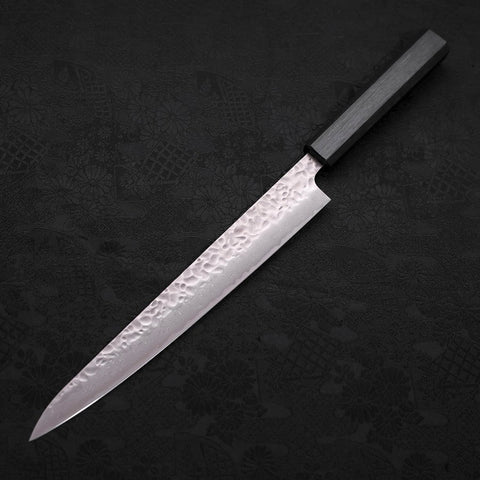 Sujihiki AUS-10 Tsuchime Damascus Dark Blue Urushi Handle 240mm-[Musashi]-[Japanese-Kitchen-Knives]