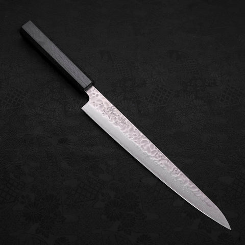 Sujihiki AUS-10 Tsuchime Damascus Dark Blue Urushi Handle 240mm-[Musashi]-[Japanese-Kitchen-Knives]