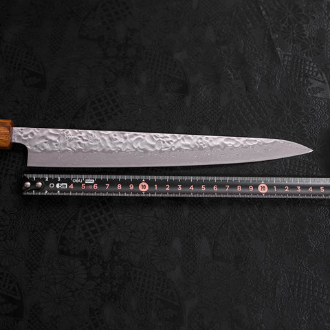 Sujihiki AUS-10 Tsuchime Damascus Oak Handle 240mm (9.4”)-[Musashi]-[Japanese-Kitchen-Knives]