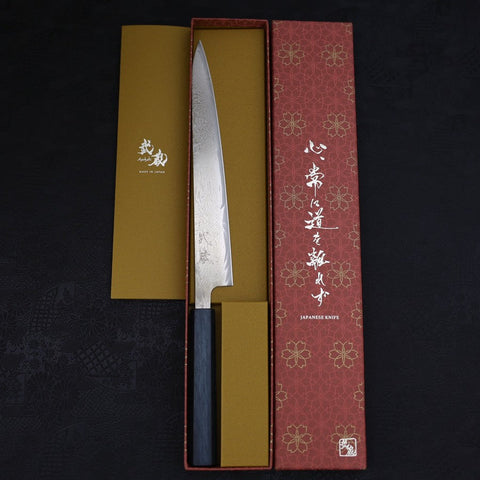 Sujihiki AUS-10 Wave Damascus Dark-Blue Urushi Handle 240mm (9.4”)-[Musashi]-[Japanese-Kitchen-Knives]