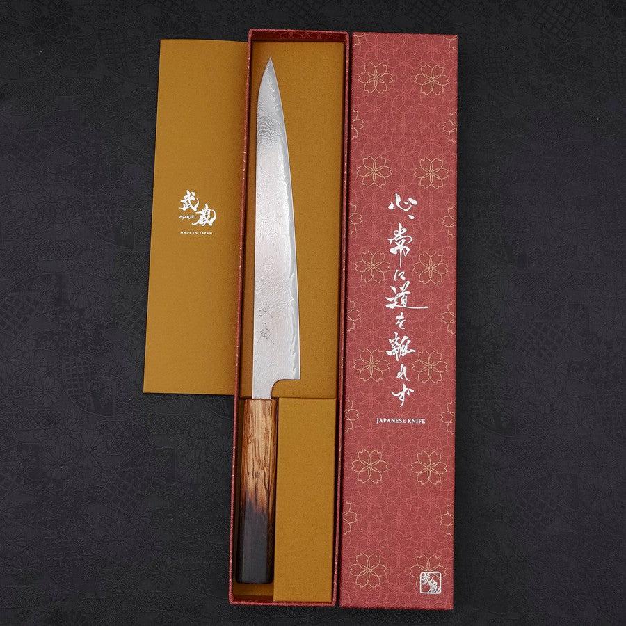 先丸筋引　樹脂柄　AUS10 筋引き AUS-10 渦浪ダマスカス 焼漆柄 240mm – MUSASHI