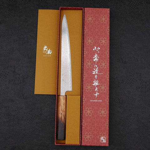 Sujihiki AUS-10 Wave Damascus Yaki Urushi Handle 240mm (9.4”)-[Musashi]-[Japanese-Kitchen-Knives]