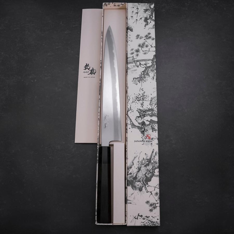 【1点物】青紙２号 黒打 筋引包丁 270㎜ G9399 手作り 月光作 筋引き 青紙2号 黒打 ダマスカス 黒檀水牛柄 210mm – MUSASHI