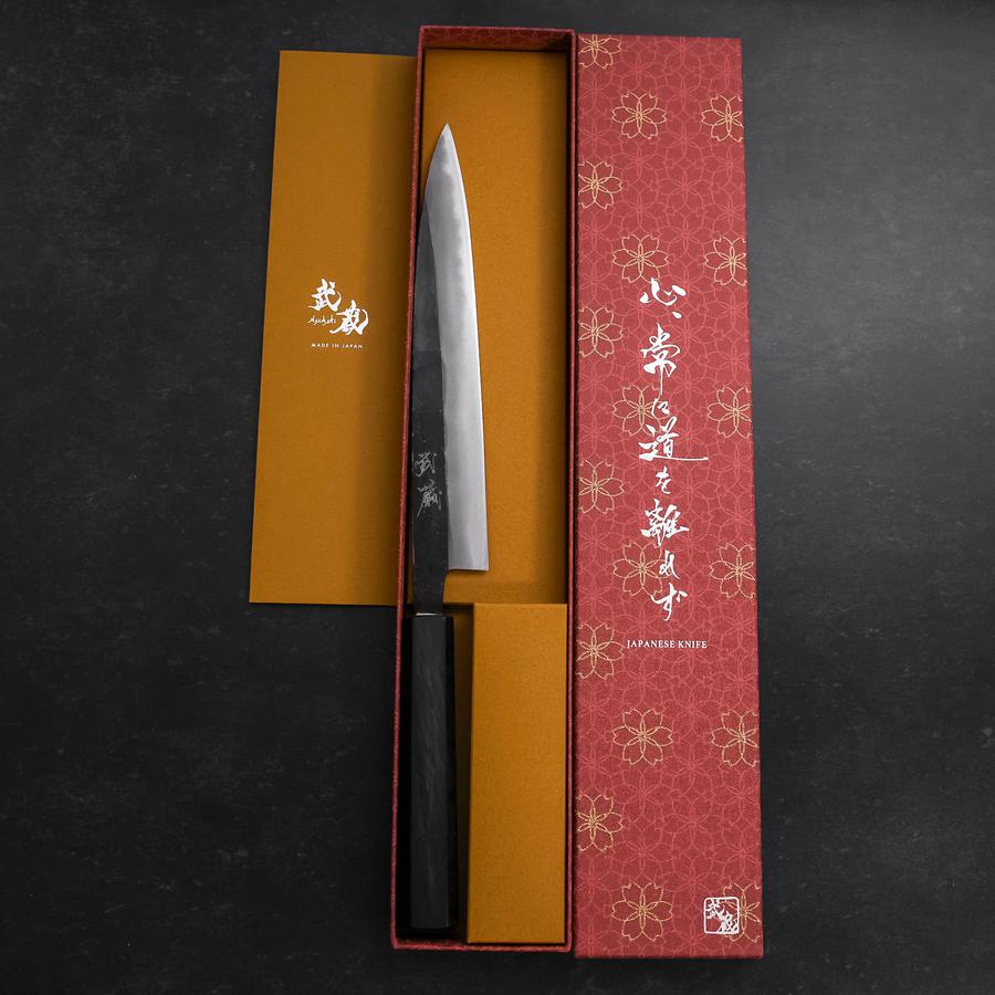 包丁 ② 筋引き 青紙2号 黒打 ダマスカス 黒檀水牛柄 210mm – MUSASHI