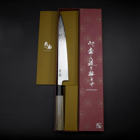 Sujihiki SLD Damascus Buffalo Magnolia Handle 240mm (9.4”)-[Musashi]-[Japanese-Kitchen-Knives]