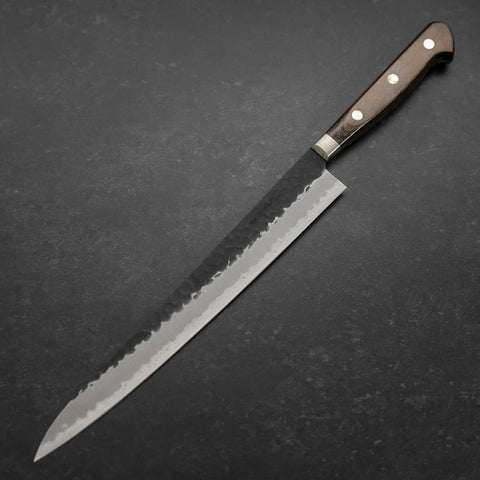 Sujihiki Stainless Clad Blue Super Kurouchi Tsuchime Western Brown Handle 240mm (9.4”)-[Musashi]-[Japanese-Kitchen-Knives]