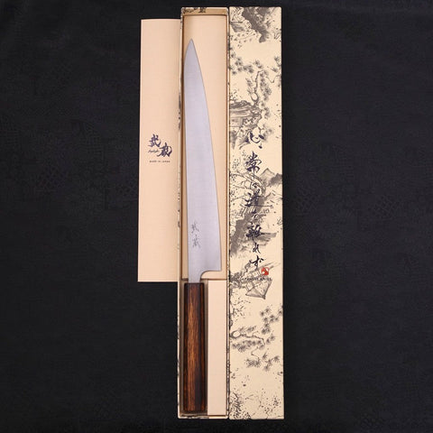 Sujihiki Stainless Clad Blue Super Polished Sumi Urushi Handle 270mm (10.6”)-[Musashi]-[Japanese-Kitchen-Knives]