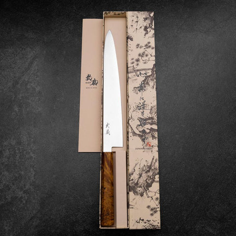 Sujihiki VG-10 Damascus Yellow-Brown Birch Handle 270mm-[Musashi]-[Japanese-Kitchen-Knives]