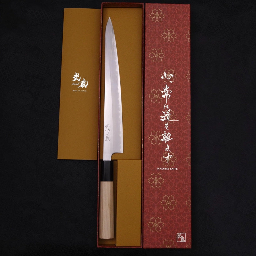Sujihiki White steel #1 Buffalo Magnolia Handle 240mm-White steel #1-Polished-Japanese Handle-[Musashi]-[Japanese-Kitchen-Knives]