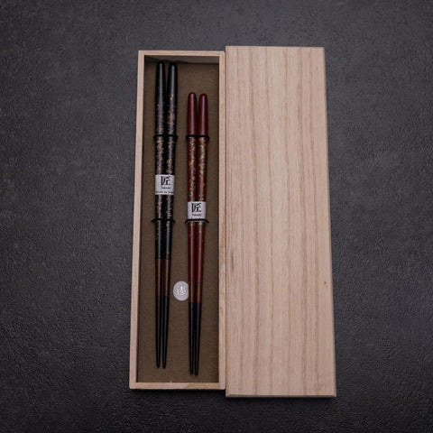 Urushi Gasumi Lacquered Wooden Chopsticks Set 210mm Red and 230mm Black with Paulownia Wooden Box (8.3”)-[Musashi]-[Japanese-Kitchen-Knives]