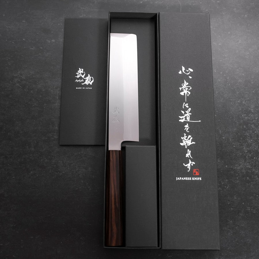土日特売❗️和包丁　先丸包丁　黒水牛銀三本巻黒檀柄 薄刃(関東) 銀三本焼 鏡面 黒檀水牛柄 180mm – MUSASHI