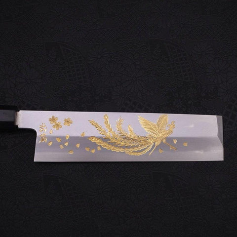 Usuba(Kanto) White Steel #2 Kasumi Chokin Phoenix-Sakura Buffalo Ebony Handle 180mm (7”)-[Musashi]-[Japanese-Kitchen-Knives]