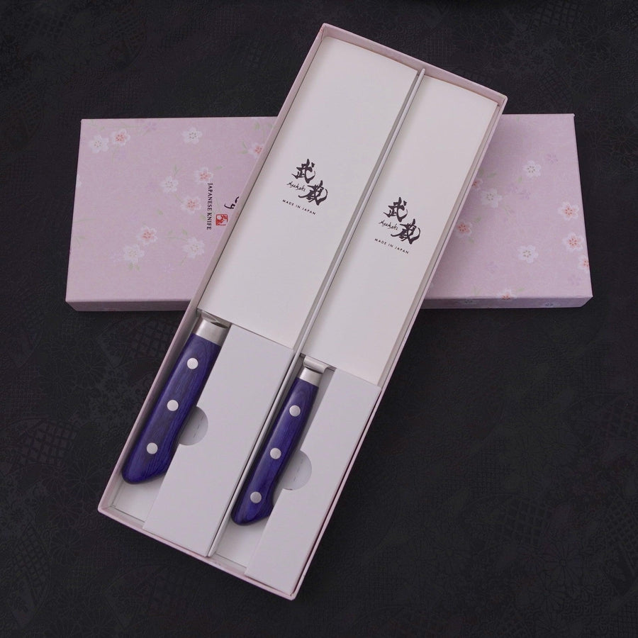 VG-10 Blue Santoku/Petty Set Traditional Washi Gift Wrapping-Sakura-VG-10-Damascus-Western Handle-[Musashi]-[Japanese-Kitchen-Knives]