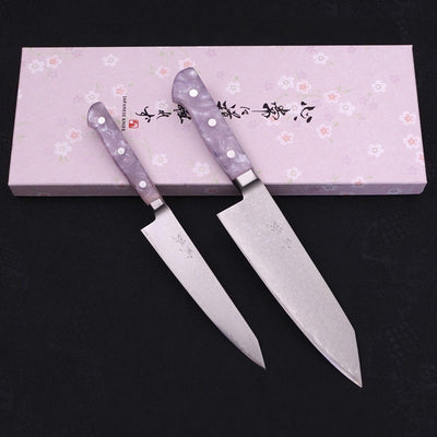 VG-10 Kiritsuke Santoku/Kiritsuke Petty Pearl Pink Handle Set Traditional Washi Gift Wrapping-Sakura-VG-10-Damascus-Western Handle-[Musashi]-[Japanese-Kitchen-Knives]