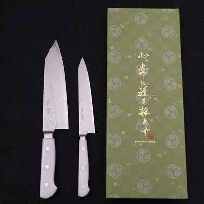 VG-10 Kiritsuke Santoku/Kiritsuke Petty White Marble Handle Set Traditional Washi Gift Wrapping-Green-VG-10-Damascus-Western Handle-[Musashi]-[Japanese-Kitchen-Knives]
