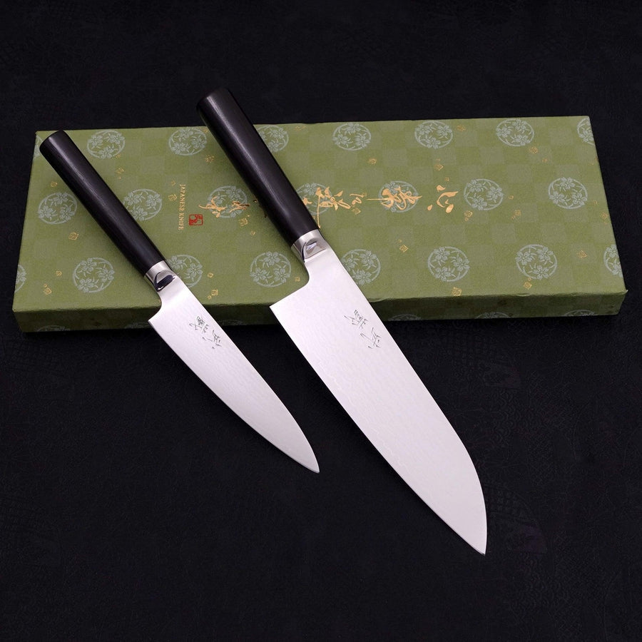 VG-10 Santoku/Petty Round Handle Set Traditional Washi Gift Wrapping-Green-VG-10-Damascus-Western Handle-[Musashi]-[Japanese-Kitchen-Knives]