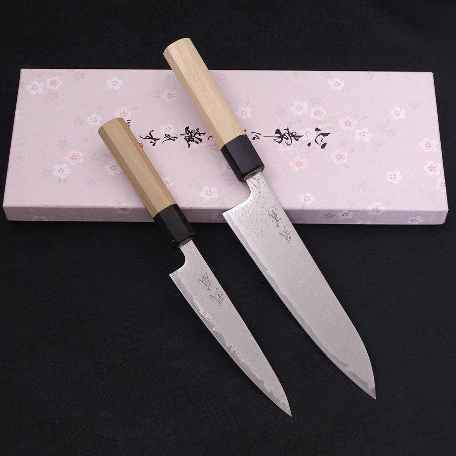 Wave AUS-10 Gyuto/Petty Magnolia Handle Set Traditional Washi Gift Wrapping-Sakura-Damascus-Japanese Handle-[Musashi]-[Japanese-Kitchen-Knives]
