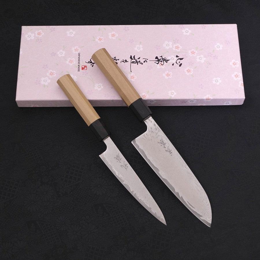 Wave Damascus Santoku/Petty Set Traditional Washi Gift Wrapping-Sakura-VG-10-Damascus-Japanese Handle-[Musashi]-[Japanese-Kitchen-Knives]