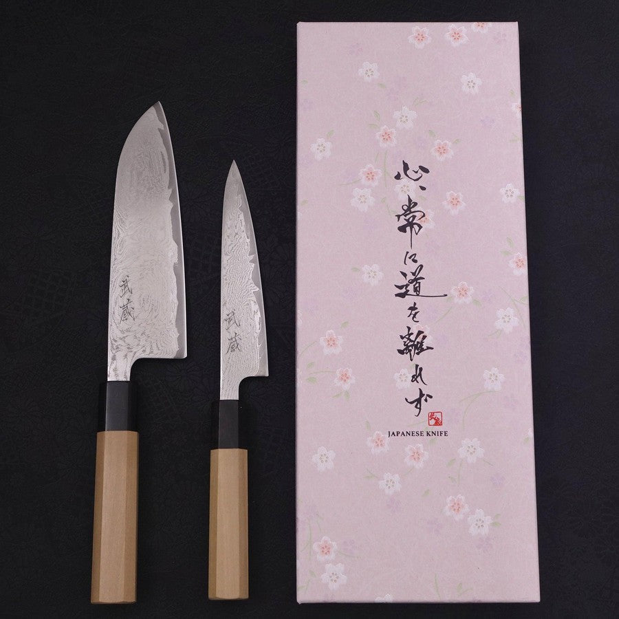 Wave Damascus Santoku/Petty Set Traditional Washi Gift Wrapping-Sakura-VG-10-Damascus-Japanese Handle-[Musashi]-[Japanese-Kitchen-Knives]