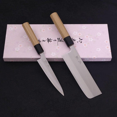 White #1 Polished Nakiri/Petty Set Traditional Washi Gift Wrapping-Sakura-White steel #1-Polished-Japanese Handle-[Musashi]-[Japanese-Kitchen-Knives]