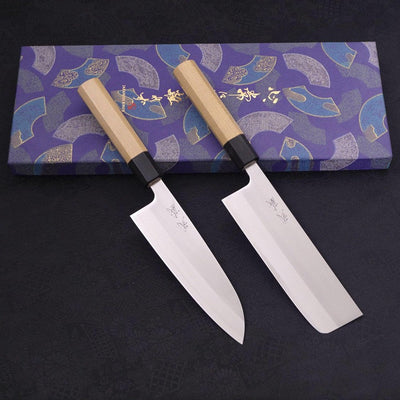 White #1 Santoku/Nakiri Set Traditional Washi Gift Wrapping-Blue-Polished-Japanese Handle-[Musashi]-[Japanese-Kitchen-Knives]