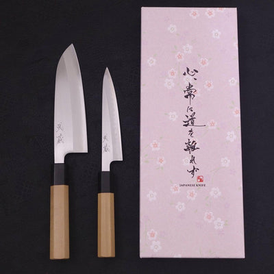White #1 Santoku/Petty Polished Set Traditional Washi Gift Wrapping-Sakura-White steel #1-Polished-Japanese Handle-[Musashi]-[Japanese-Kitchen-Knives]