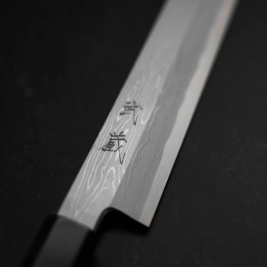 Yanagi Kiritsuke Blue Steel #1 Suminagashi Buffalo Ebony Handle With Sheath 270mm (10.6”)-[Musashi]-[Japanese-Kitchen-Knives]
