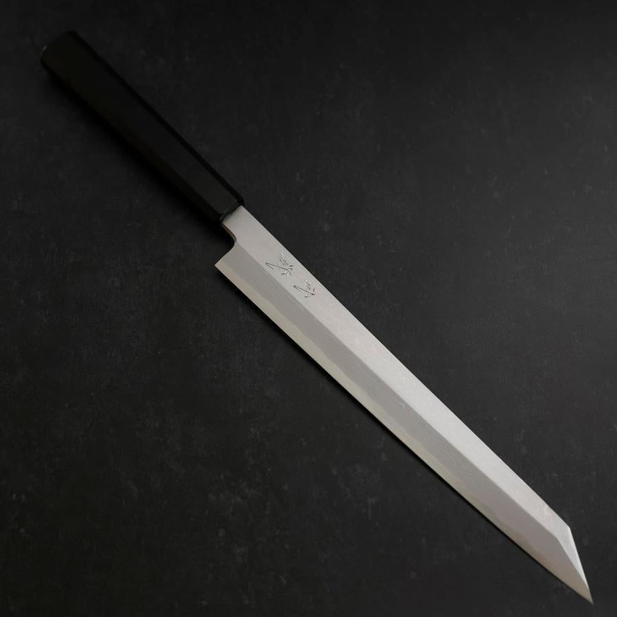 Yanagi Kiritsuke Blue Steel #1 Suminagashi Buffalo Ebony Handle With Sheath 270mm (10.6”)-[Musashi]-[Japanese-Kitchen-Knives]