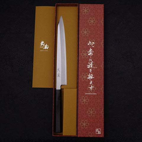 Yanagi Kiritsuke Blue Steel #2 Kasumi Buffalo Ebony Handle 240mm (9.4”)-[Musashi]-[Japanese-Kitchen-Knives]